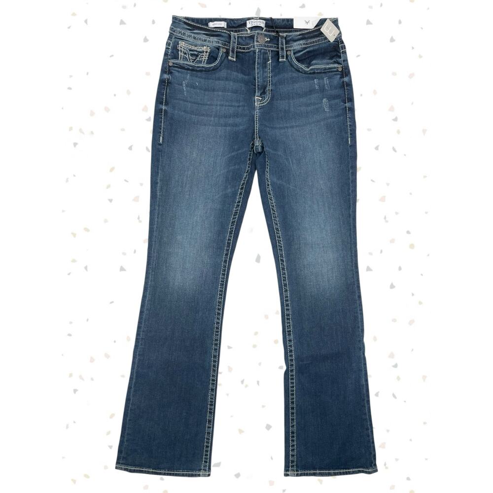 Vigoss Heritage Fit Embellished Blue Jeans Dark Stretch Denim Size 14 Long NEW